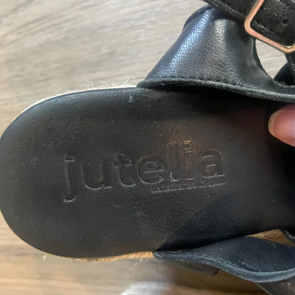 jutelia Women's Made in Spain Black Leather Espadrille Sandal Shoes 8